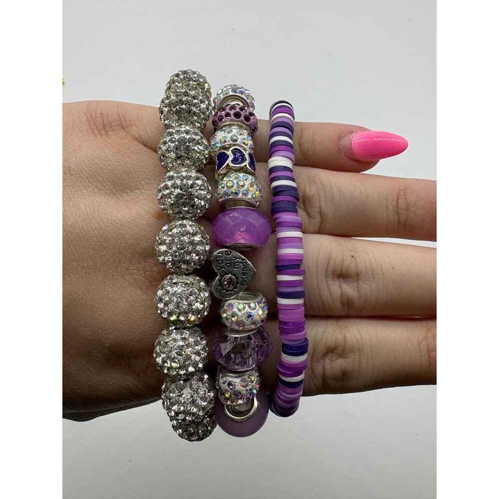 Purple Silver Beaded Stretch Bracelet Set Rhinestone Disco Ball Heart‎ Paw 3pc